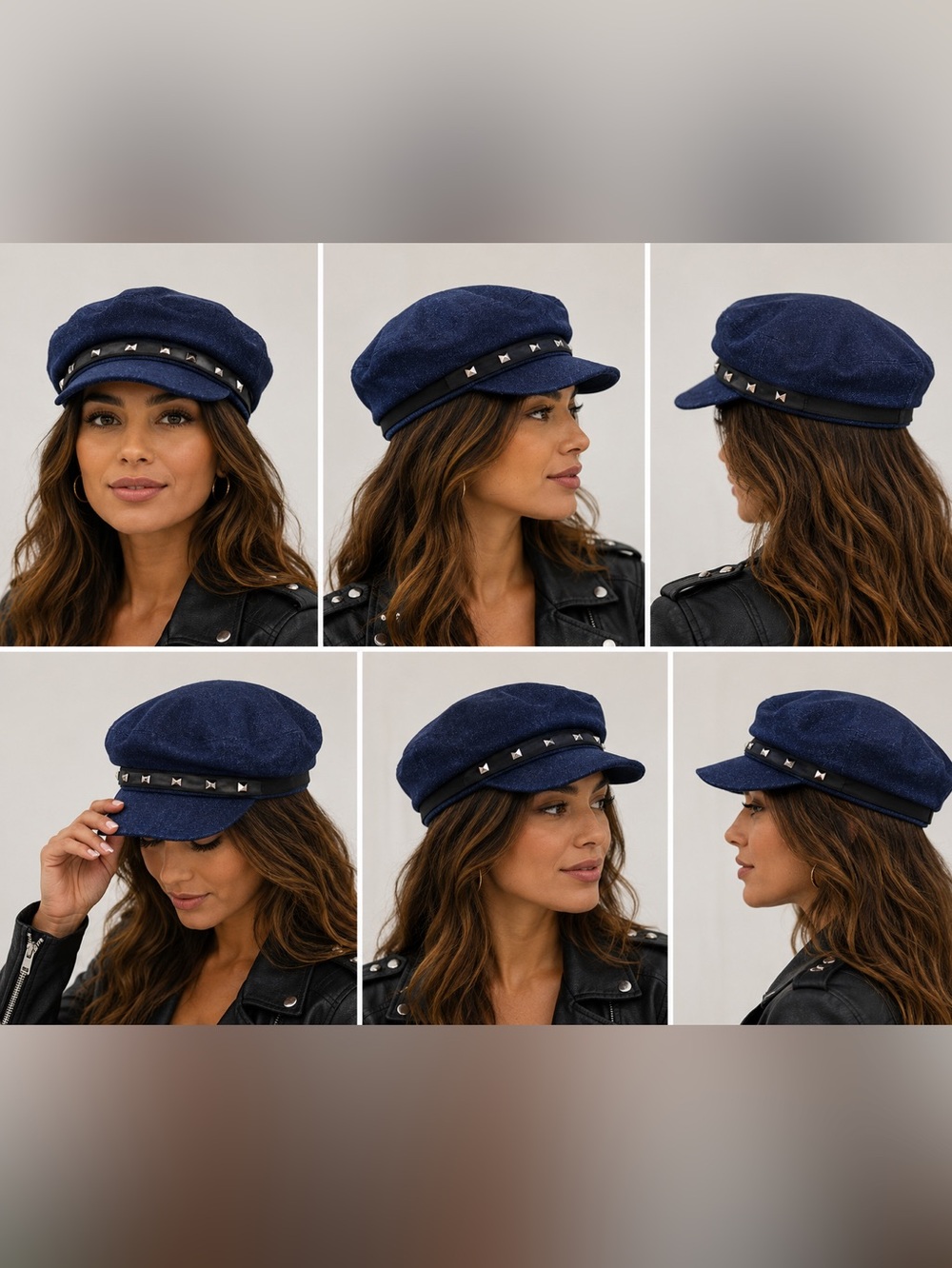 Dark Blue Denim Stud-Trim Cap Hat